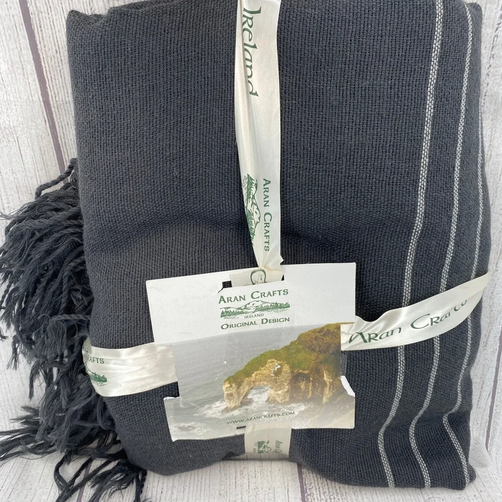 Aran Crafts Wool Throw Blanket Charcoal Gray Striped Fringed Ireland Natural